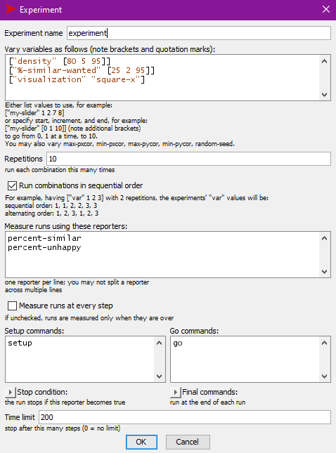 BehaviorSpace experiment for the segregation model